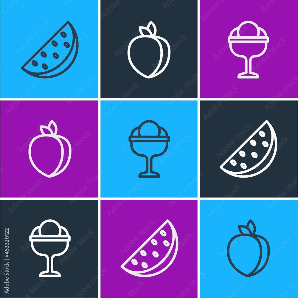 Set line Watermelon, Ice cream in the bowl and Plum fruit icon. Vector