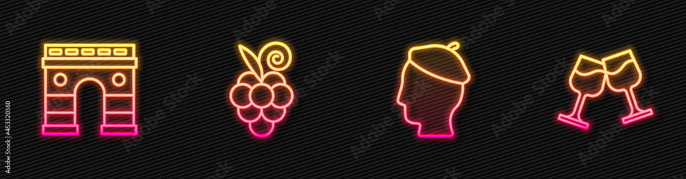 Set line French man, Triumphal Arch, Grape fruit and Wine glass. Glowing neon icon. Vector