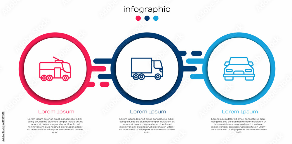 设置线路有轨电车，送货卡车和汽车。商业信息图模板。矢量