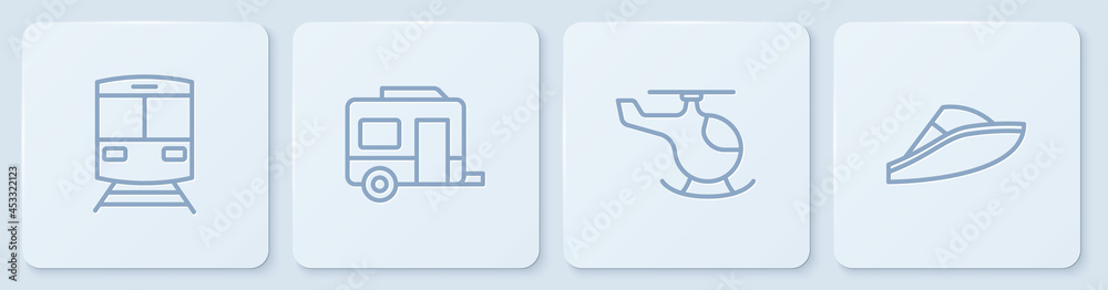 设置线路火车和铁路、直升机、越野露营拖车和快艇。白色方形按钮。Vecto