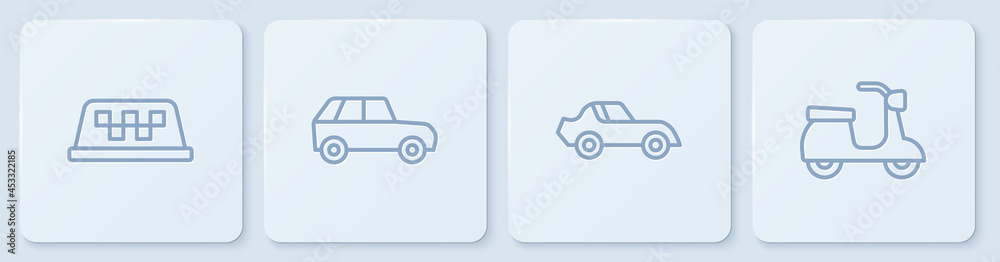 设置出租车车顶、汽车和滑板车。白色方形按钮。矢量