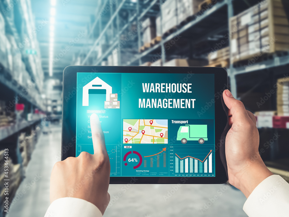 Warehouse management innovative software in computer for real time monitoring of goods package deliv