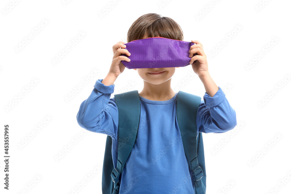 Little schoolboy with pencil case on white background