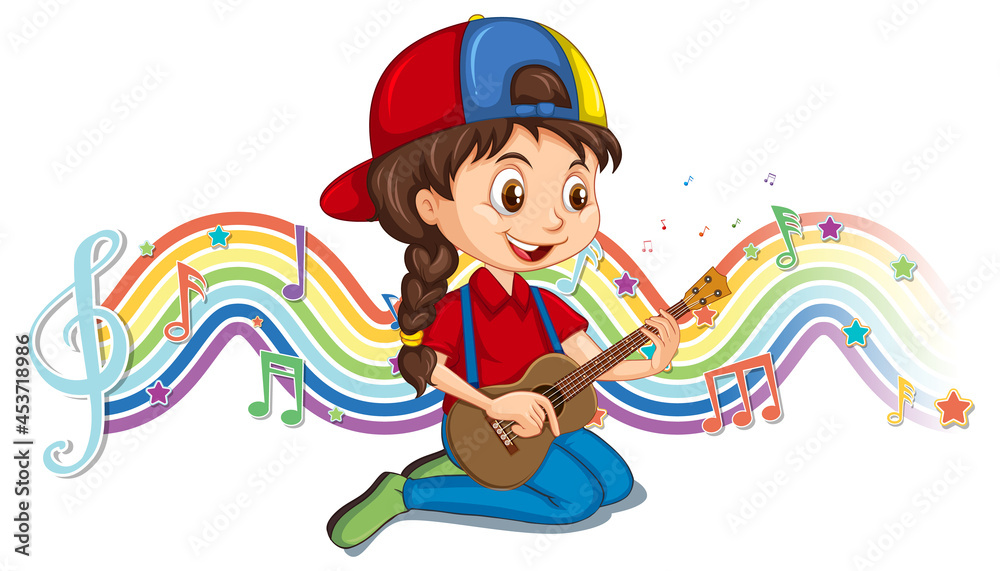 Girl playing guitar with melody symbols on rainbow wave