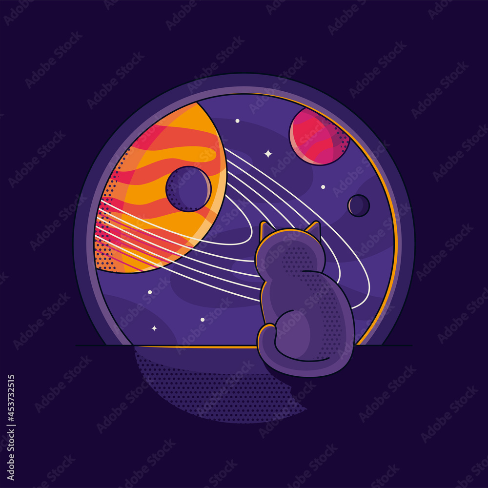 Minimalistic futuristic illustration of a cat looking at space from a porthole. Black cat, planets, 