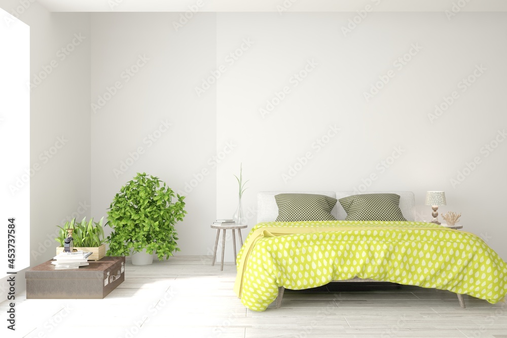 Soft color bedroom interior. Scandinavian design. 3D illustration