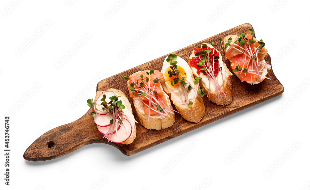 Different bruschettas with micro green on white background