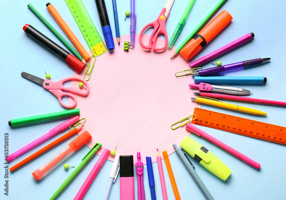 Blank paper sheet and stationery supplies on color background