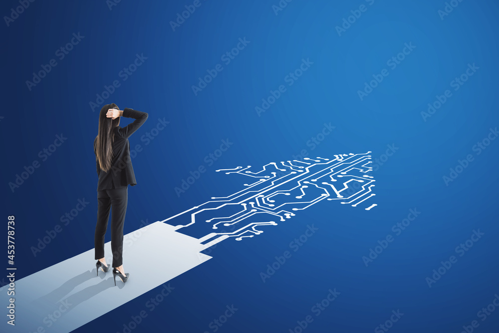 Businesswoman standing on abstract circuit arrow sketch on blue background with mock up place. Succe