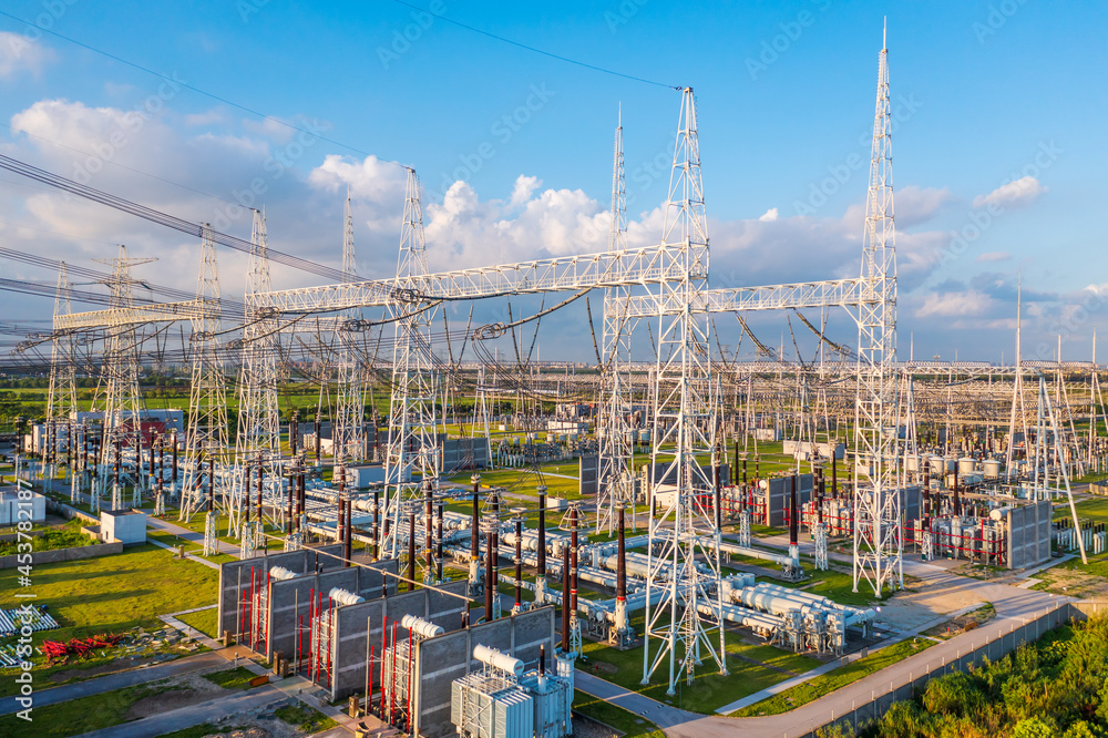 Aerial view of a high voltage substation.