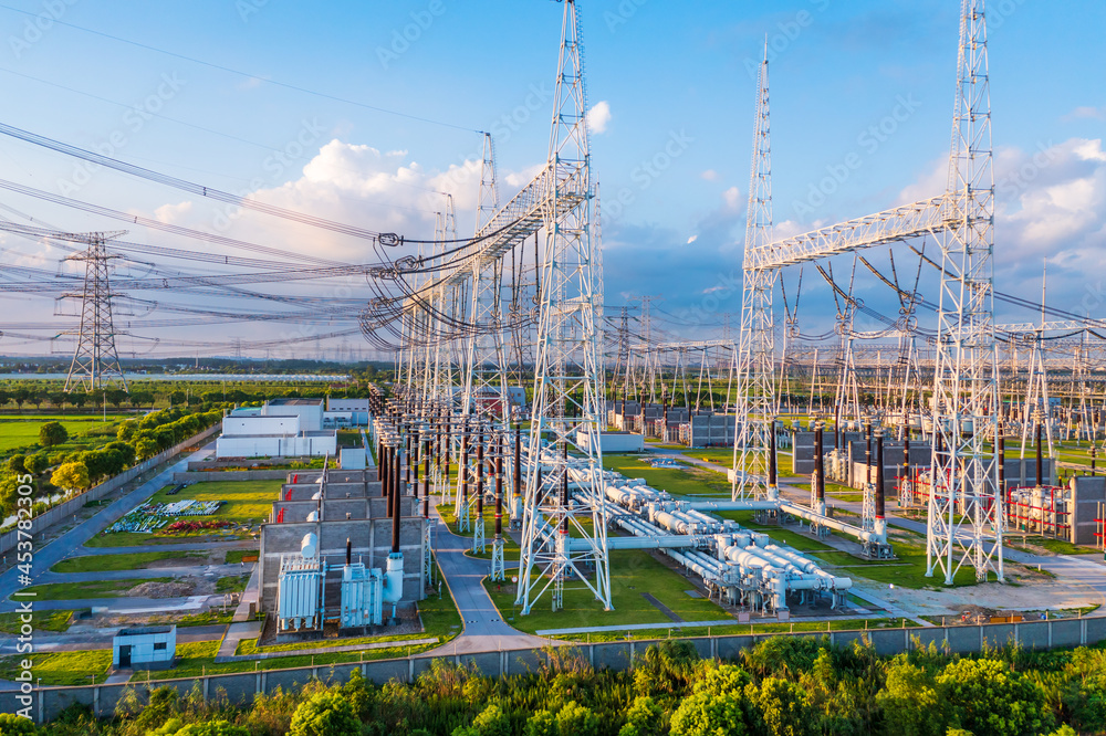 Aerial view of a high voltage substation.