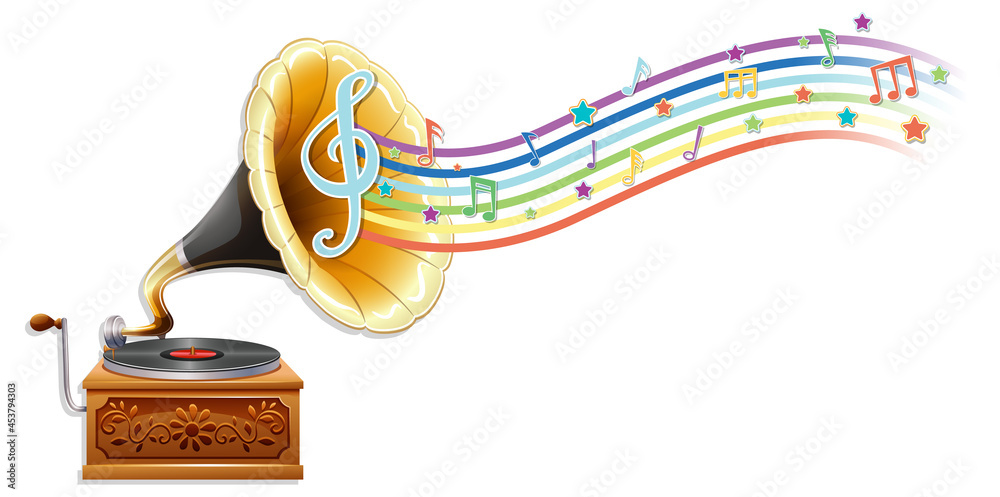 Gramophone with melody symbols on rainbow wave