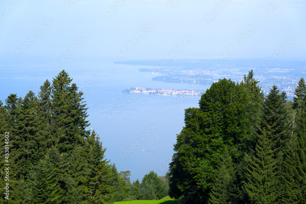 Aerial view of Lake Bodensee with peninsula Lindau (Germany) seen from local mountain Pfänder. Photo