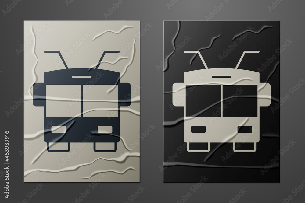 White Trolleybus icon isolated on crumpled paper background. Public transportation symbol. Paper art