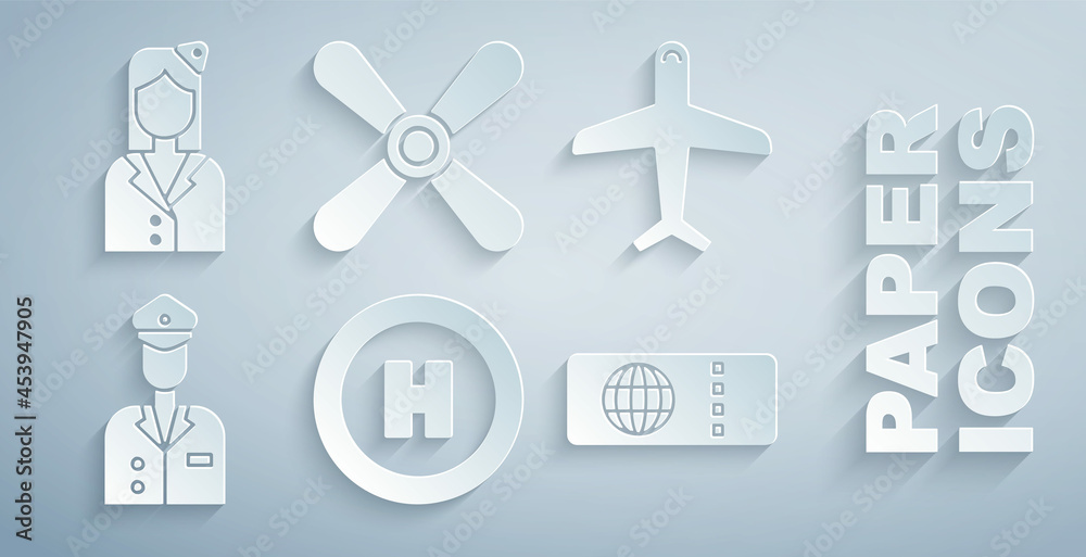 Set Helicopter landing pad, Plane, Pilot, Airline ticket, propeller and Stewardess icon. Vector