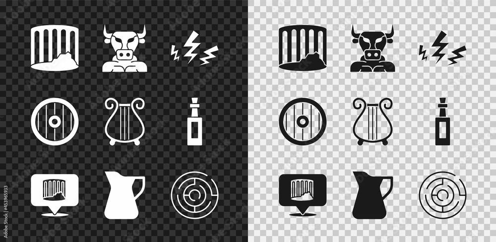 Set Ancient column, Minotaur, Zeus, Bottle of olive oil, labyrinth, Greek shield and lyre icon. Vect