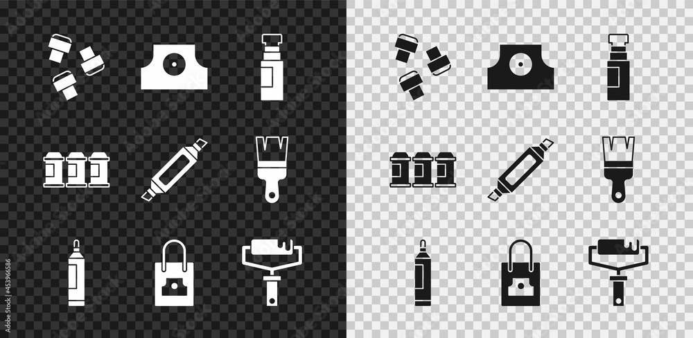 设置记号笔附件、喷雾罐喷嘴帽、滚筒刷、喷雾和图标。矢量