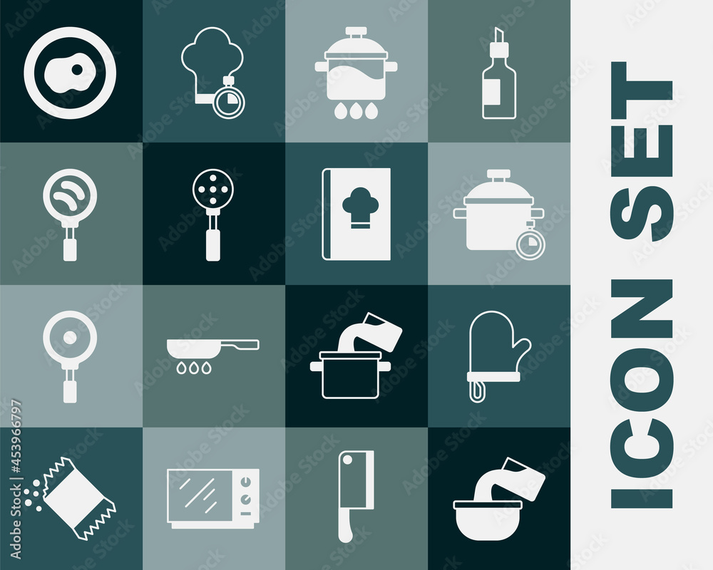 Set Saucepan，Oven glove，Cooking pot，Spatula，Frying，Scrambled eggs and Cookbook icon.Vvector（设置酱汁、烤箱手