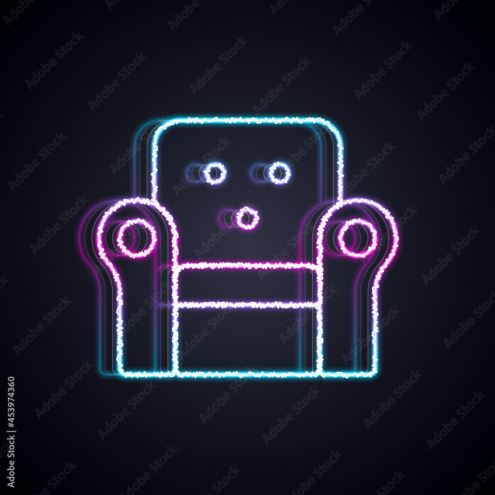 Glowing neon line Armchair icon isolated on black background. Vector