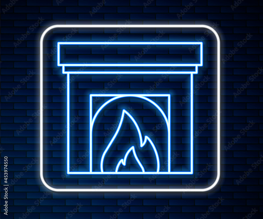 Glowing neon line Interior fireplace icon isolated on brick wall background. Vector