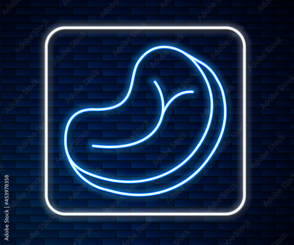 Glowing neon line Steak meat icon isolated on brick wall background. Vector