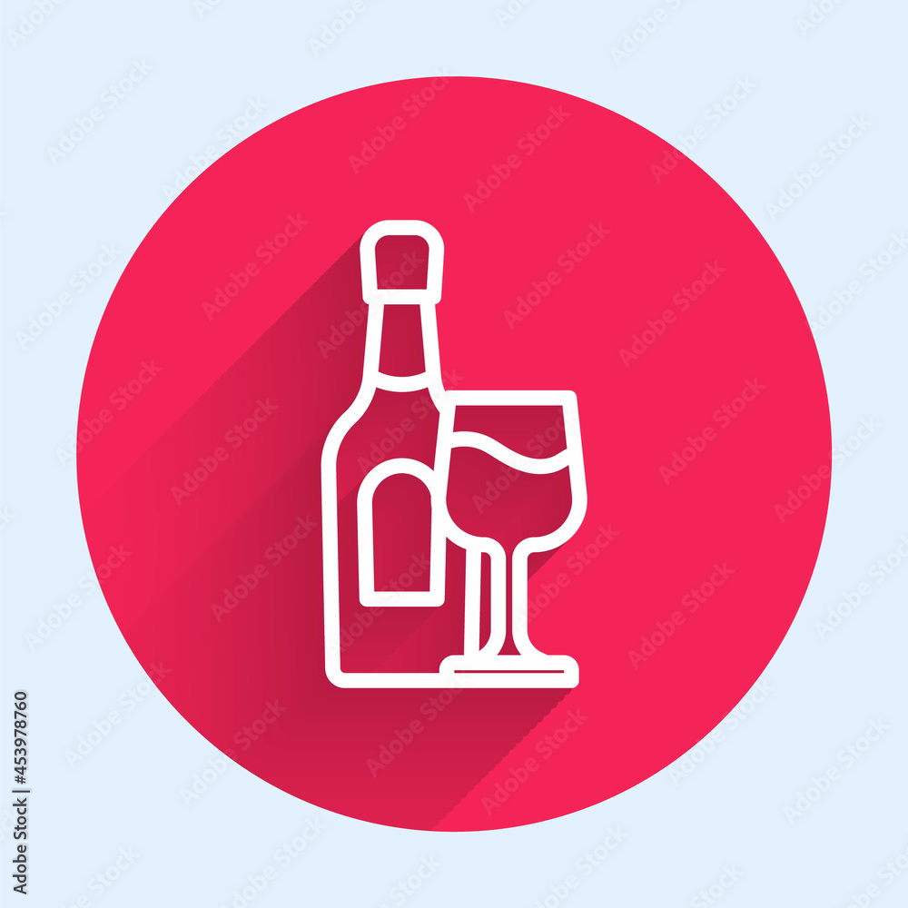 White line Wine bottle with glass icon isolated with long shadow background. Red circle button. Vect