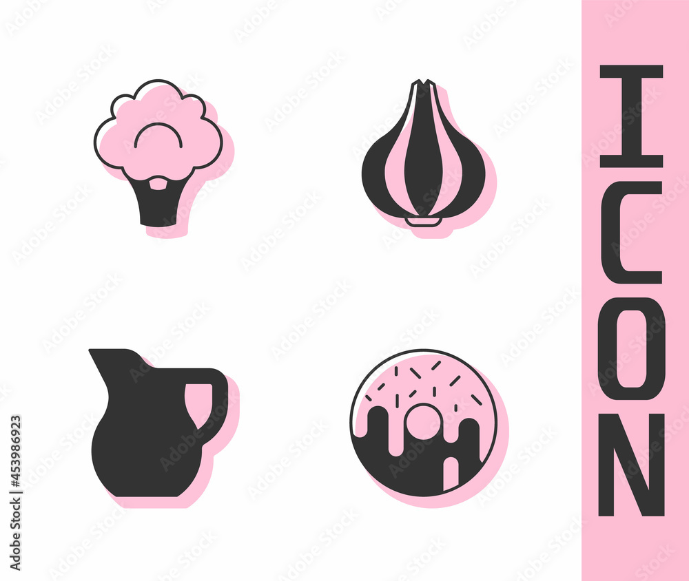 Set Donut, Broccoli, Jug glass with milk and Garlic icon. Vector