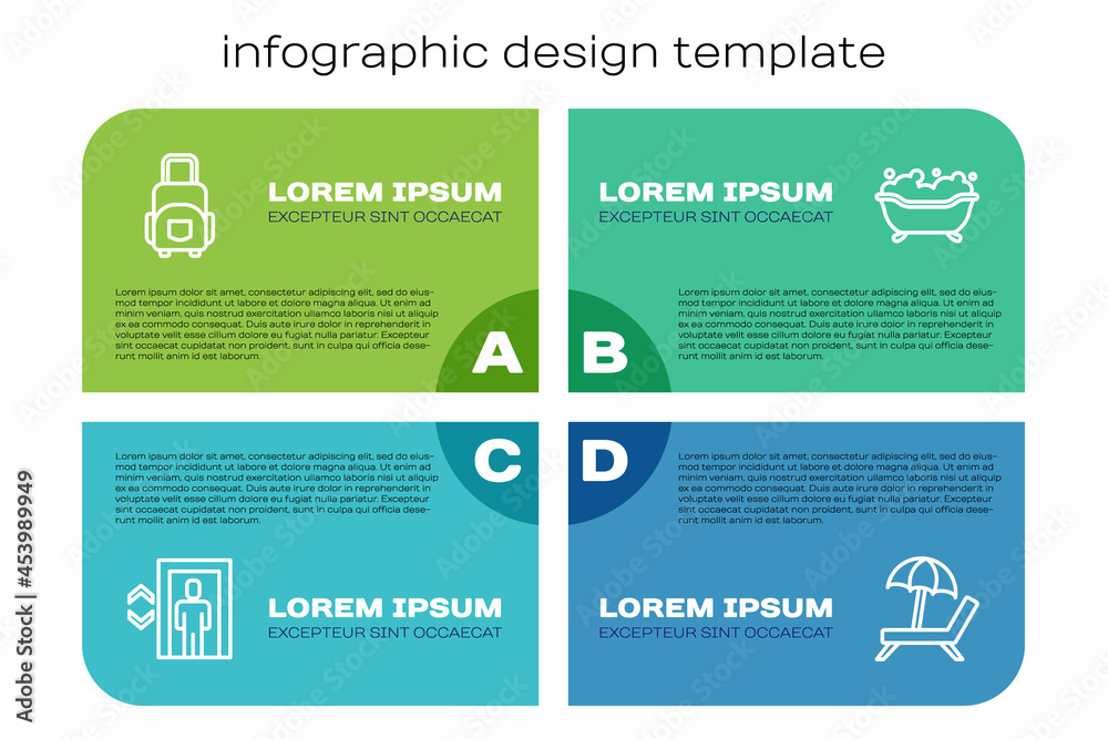 Set line Lift，Suitcase，Sunbed with伞形和浴缸。商业信息图模板。Vector