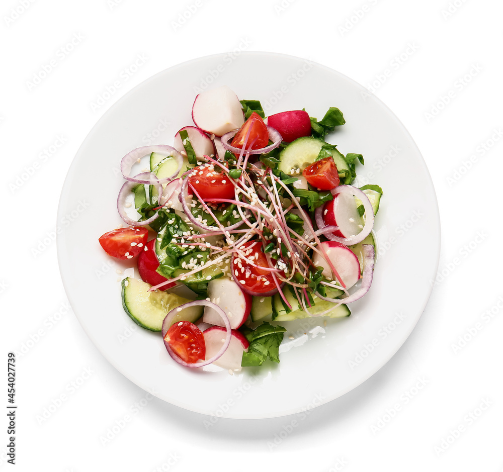 Plate with tasty salad on white background