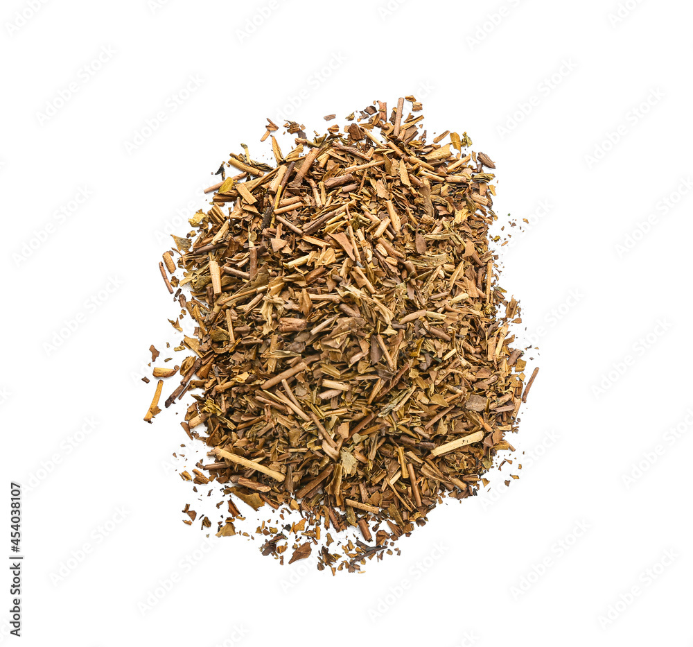 Pile of dry hojicha green tea on white background