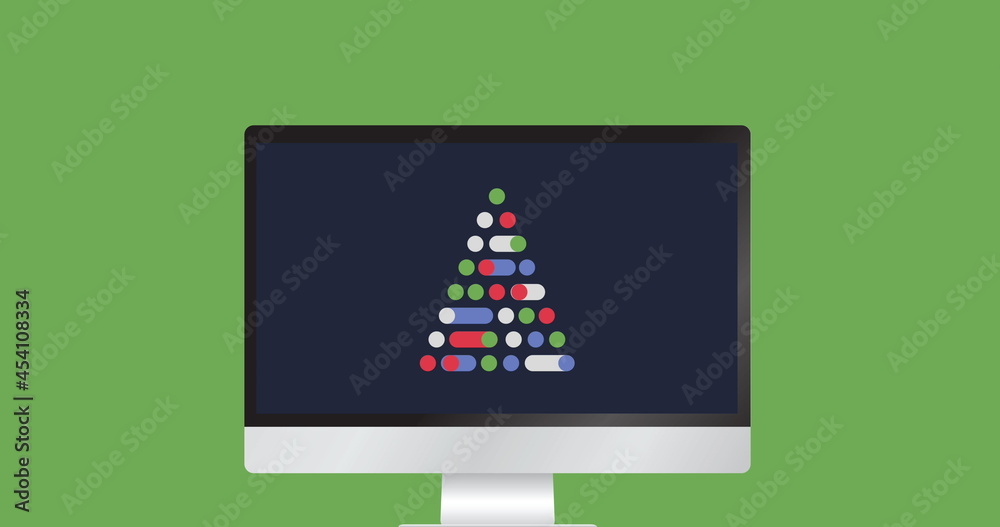 Digital Christmas tree on computer screen against green background