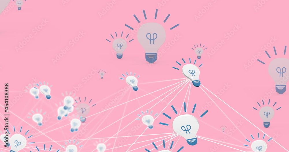 Image of network of connections with light bulbs on pink background