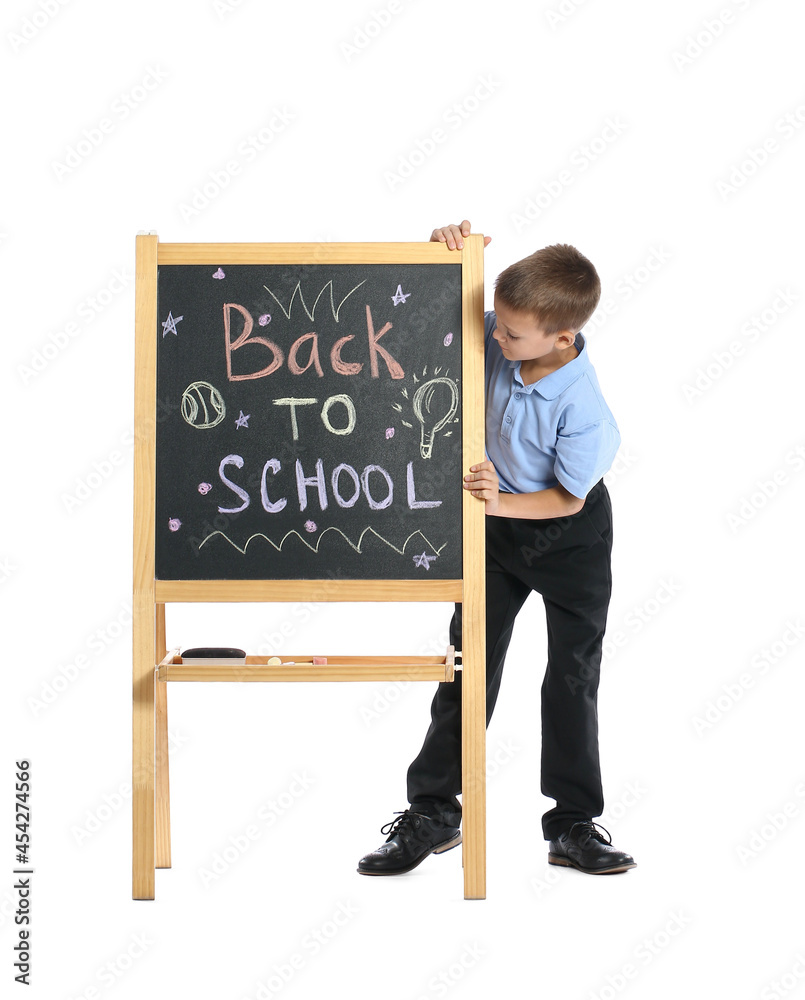 Cute schoolboy with chalkboard on white background