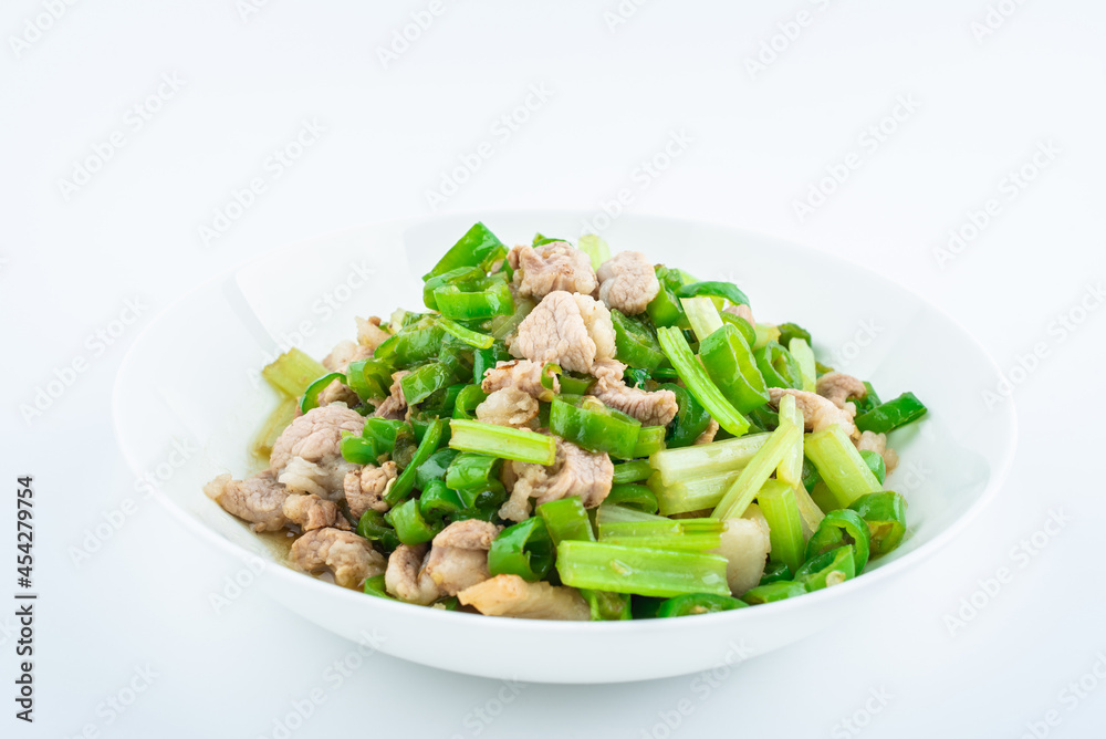 Fried Pork with Chili on a Dish on White Background