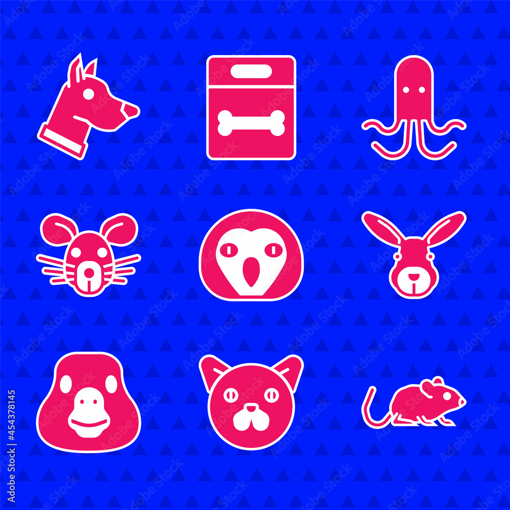 Set Owl bird, Cat, Rat, Rabbit head, Goose, Octopus and Dog icon. Vector