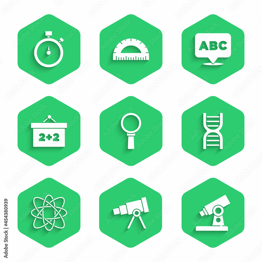 Set Magnifying glass, Telescope, Microscope, DNA symbol, Atom, Chalkboard, Alphabet and Stopwatch ic