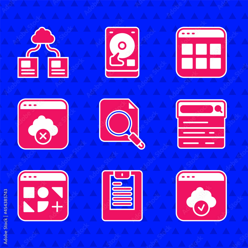 Set Search concept with folder, Server, Data report, Cloud technology data transfer, engine, Differe