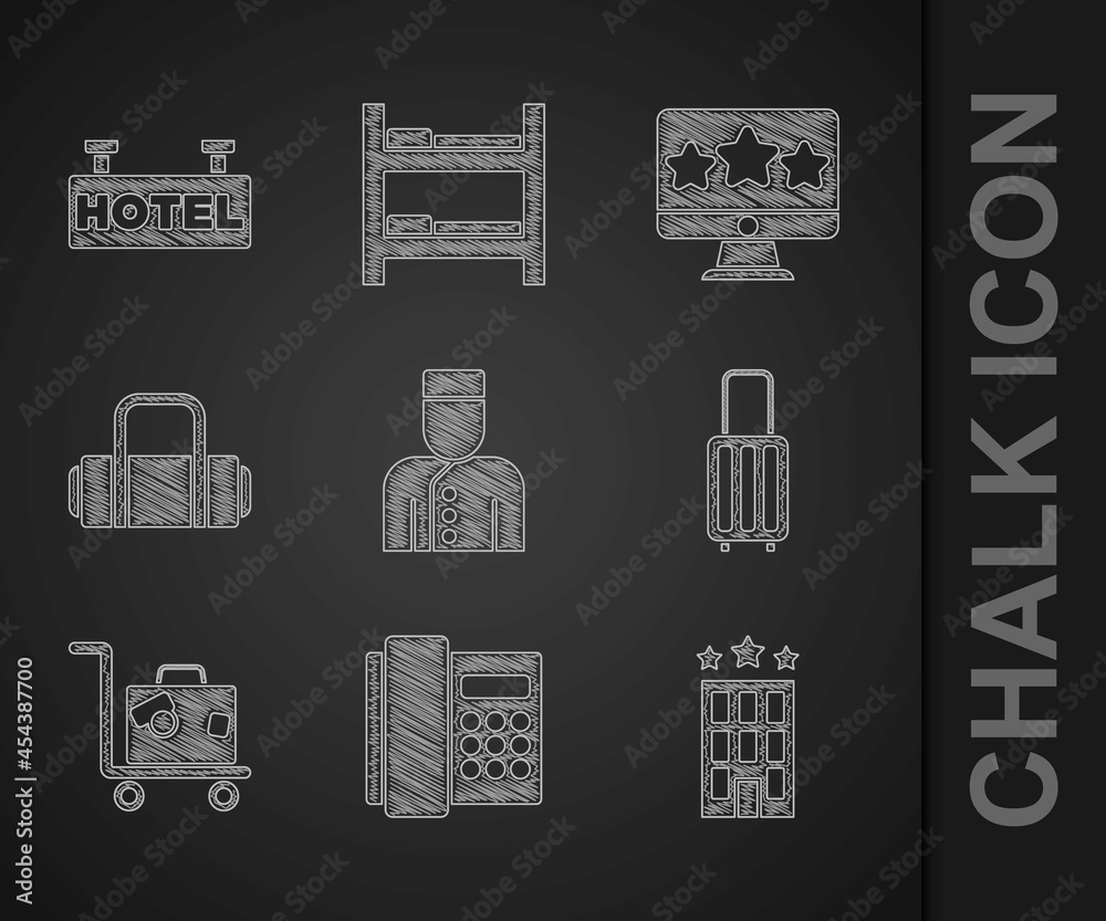 设置礼宾部、电话听筒、酒店大楼、手提箱、五星评级评审和招牌w