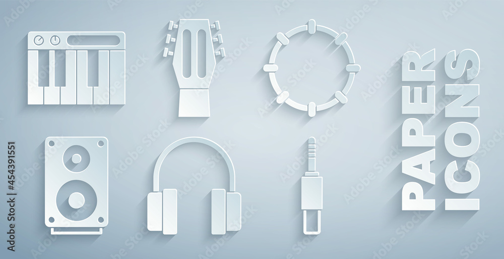 设置耳机、铃鼓、立体声扬声器、音频插孔、吉他和音乐合成器图标。矢量