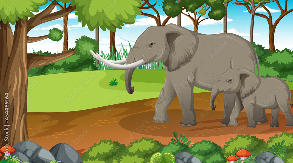 Elephant mom and baby in forest or rainforest scene with many trees