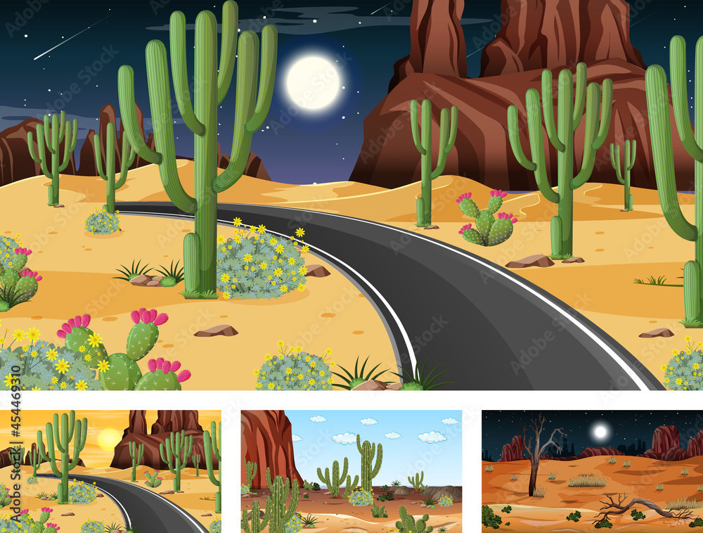 Four different desert forest landscape scenes with various desert plants