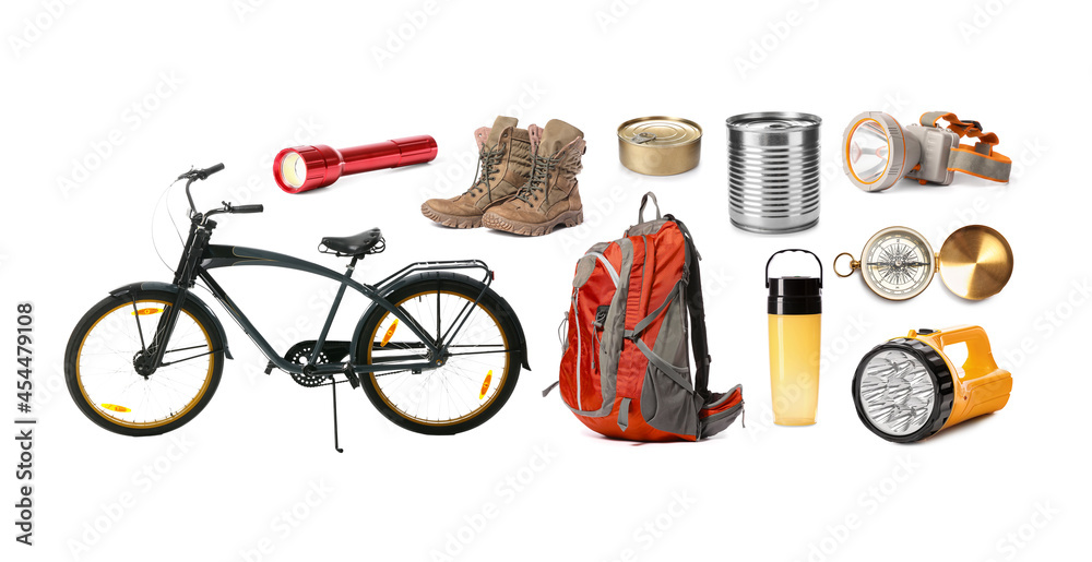 Hiking kit with bicycle on white background