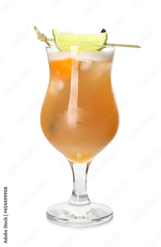 Glass of tasty whiskey sour cocktail on white background