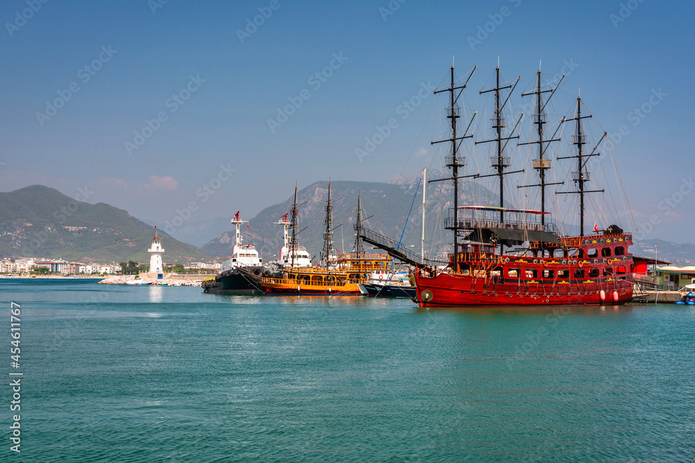 Beautiful scenery of the harbor in Alanya city, Turkey