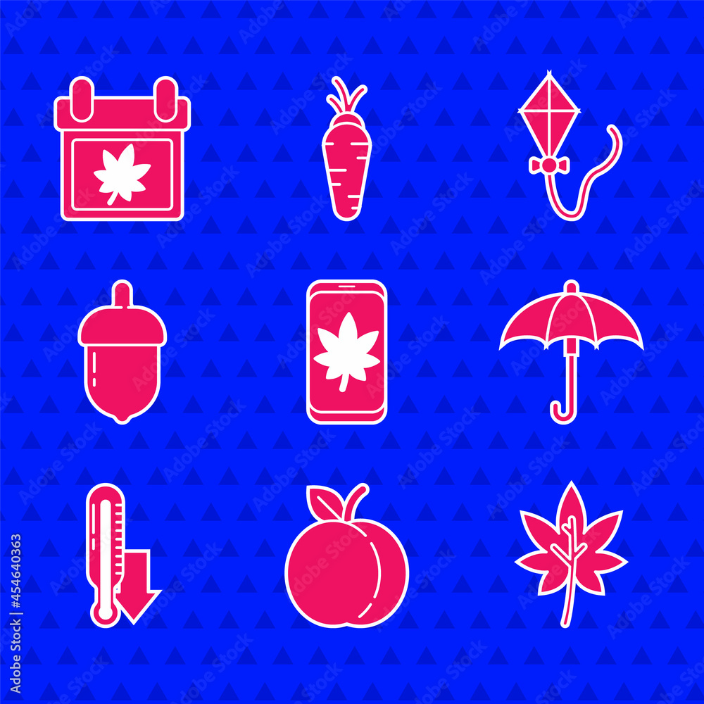 Set Leaf on mobile phone, Peach fruit, or leaves, Umbrella, Meteorology thermometer, Acorn, Kite and