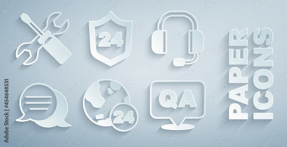 Set Telephone 24 hours support, Headphones, Speech bubble chat, Question and Answer, and Screwdriver