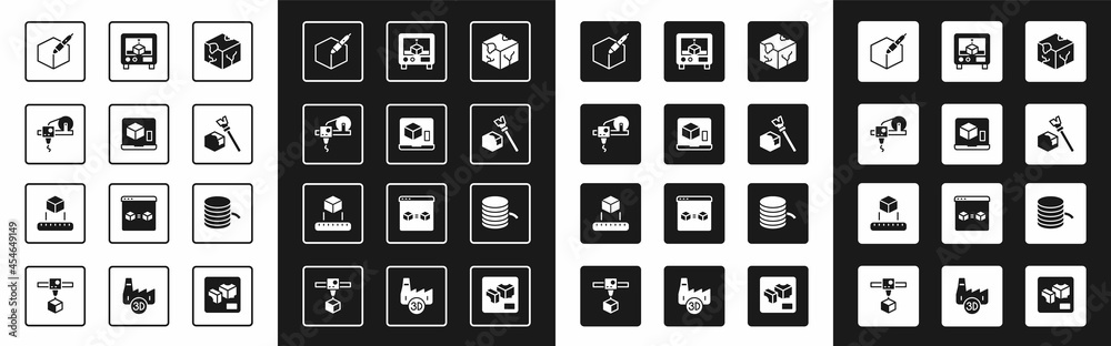 Set Isometric cube, 3D printer, 3d pen tool, Filament for and icon. Vector