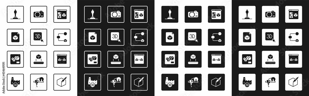 Set 3D printer, Isometric cube file, model, Photo camera, perfect copy and icon. Vector