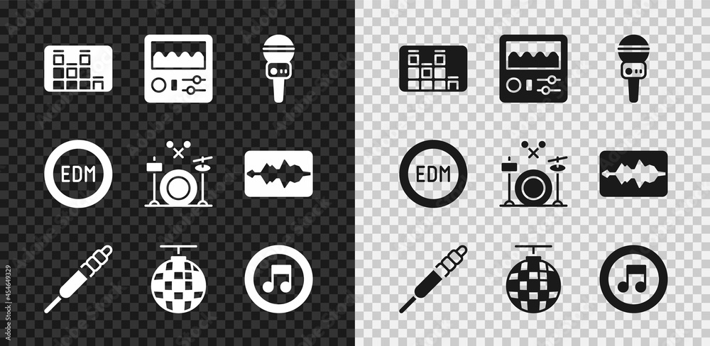 设置音乐均衡器、鼓机、麦克风、音频插孔、迪斯科球、音符、音调、EDM电子da