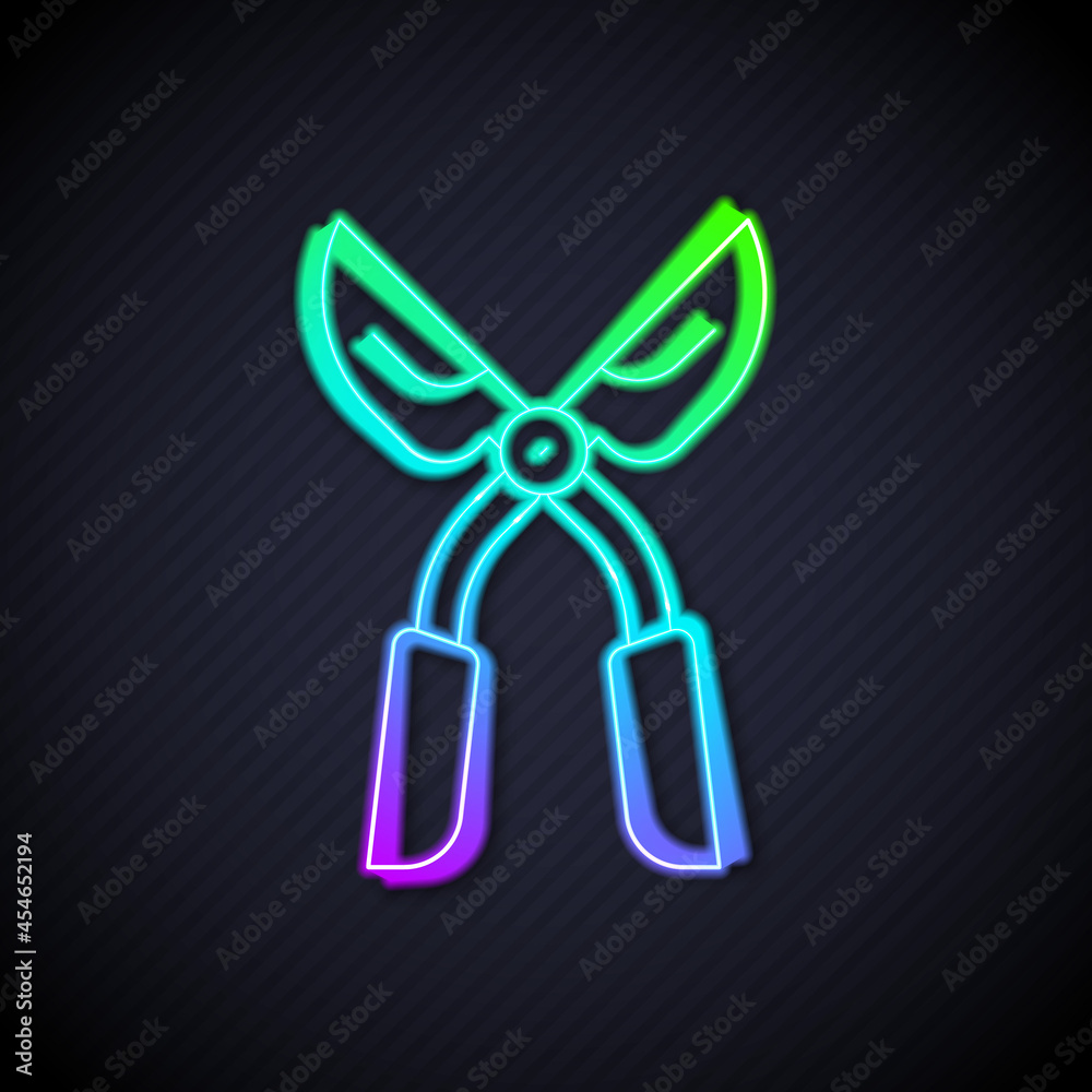 Glowing neon line Gardening handmade scissors for trimming icon isolated on black background. Prunin